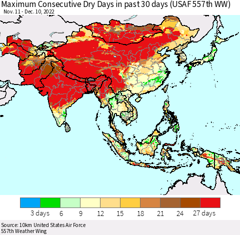 Asia Maximum Consecutive Dry Days in past 30 days (USAF 557th WW) 12/10/2022 Thematic Map For 12/6/2022 - 12/10/2022