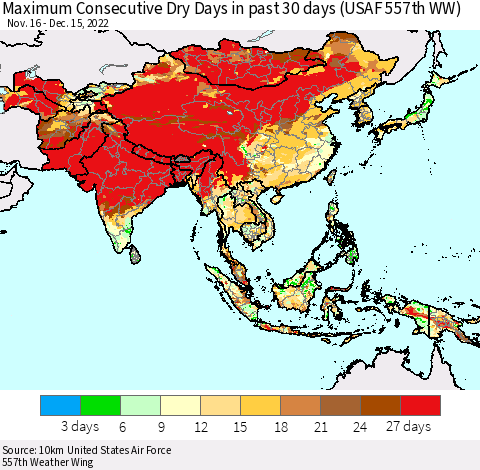 Asia Maximum Consecutive Dry Days in past 30 days (USAF 557th WW) 12/15/2022 Thematic Map For 12/11/2022 - 12/15/2022