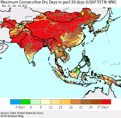 Asia Maximum Consecutive Dry Days in past 30 days (USAF 557th WW) 12/20/2022 Thematic Map For 12/16/2022 - 12/20/2022