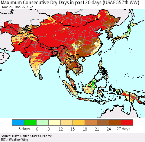 Asia Maximum Consecutive Dry Days in past 30 days (USAF 557th WW) 12/25/2022 Thematic Map For 12/21/2022 - 12/25/2022