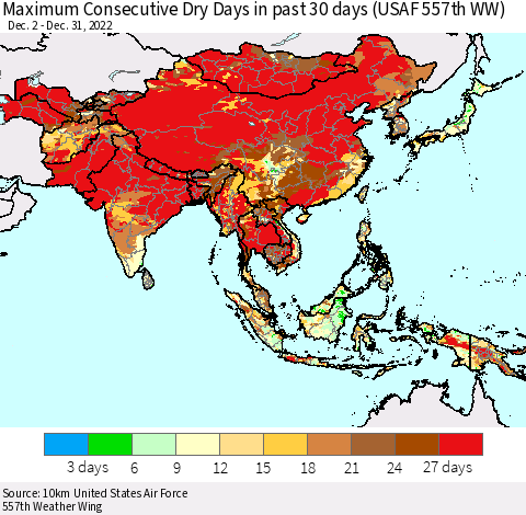 Asia Maximum Consecutive Dry Days in past 30 days (USAF 557th WW) 12/31/2022 Thematic Map For 12/26/2022 - 12/31/2022