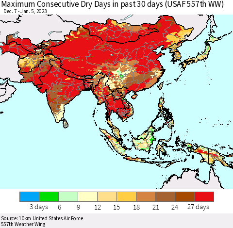 Asia Maximum Consecutive Dry Days in past 30 days (USAF 557th WW) 01/05/2023 Thematic Map For 1/1/2023 - 1/5/2023