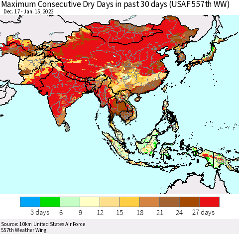 Asia Maximum Consecutive Dry Days in past 30 days (USAF 557th WW) 01/15/2023 Thematic Map For 1/11/2023 - 1/15/2023