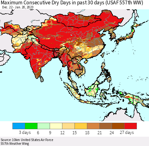 Asia Maximum Consecutive Dry Days in past 30 days (USAF 557th WW) 01/20/2023 Thematic Map For 1/16/2023 - 1/20/2023
