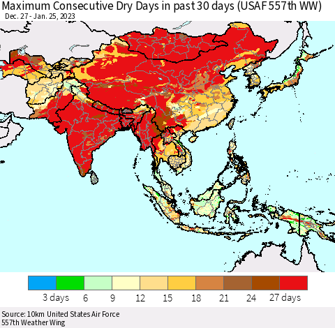 Asia Maximum Consecutive Dry Days in past 30 days (USAF 557th WW) 01/25/2023 Thematic Map For 1/21/2023 - 1/25/2023