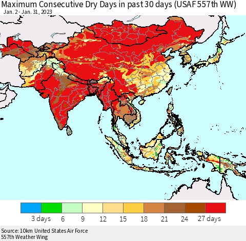Asia Maximum Consecutive Dry Days in past 30 days (USAF 557th WW) 01/31/2023 Thematic Map For 1/26/2023 - 1/31/2023