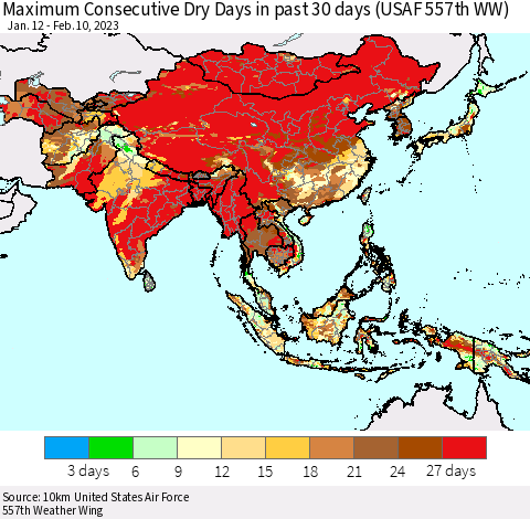 Asia Maximum Consecutive Dry Days in past 30 days (USAF 557th WW) 02/10/2023 Thematic Map For 2/6/2023 - 2/10/2023