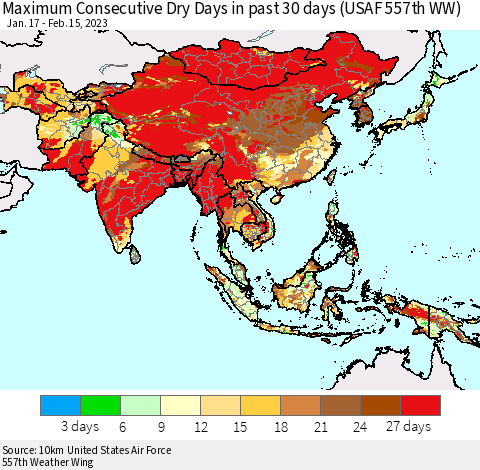 Asia Maximum Consecutive Dry Days in past 30 days (USAF 557th WW) 02/15/2023 Thematic Map For 2/11/2023 - 2/15/2023