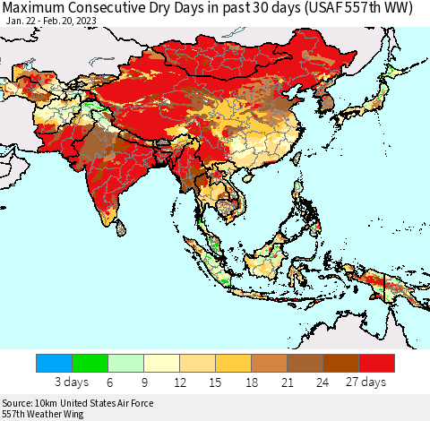 Asia Maximum Consecutive Dry Days in past 30 days (USAF 557th WW) 02/20/2023 Thematic Map For 2/16/2023 - 2/20/2023