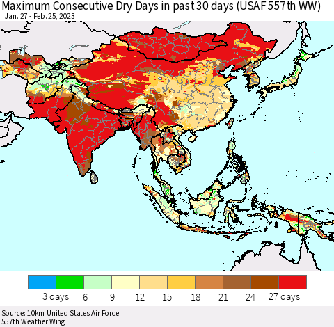 Asia Maximum Consecutive Dry Days in past 30 days (USAF 557th WW) 02/25/2023 Thematic Map For 2/21/2023 - 2/25/2023