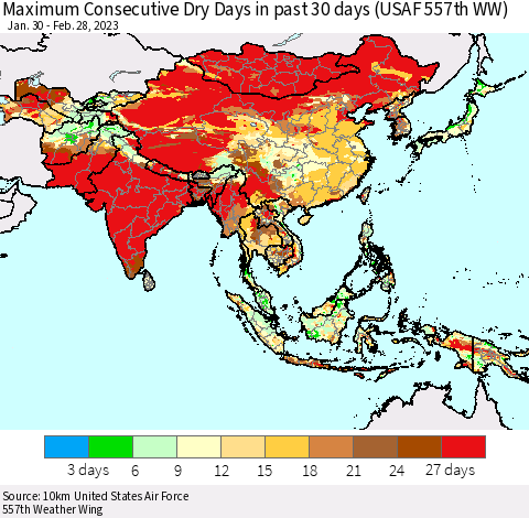 Asia Maximum Consecutive Dry Days in past 30 days (USAF 557th WW) 02/28/2023 Thematic Map For 2/26/2023 - 2/28/2023