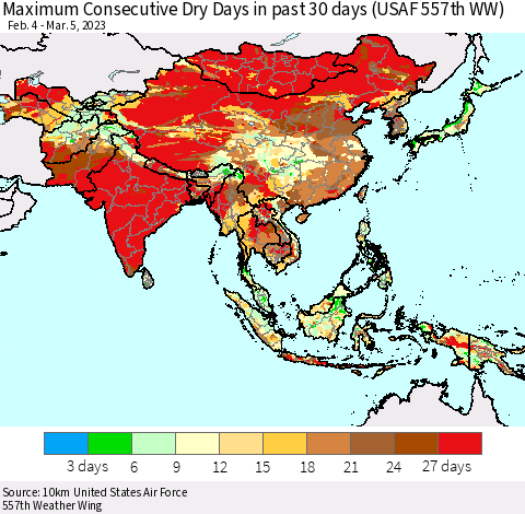 Asia Maximum Consecutive Dry Days in past 30 days (USAF 557th WW) 03/05/2023 Thematic Map For 3/1/2023 - 3/5/2023