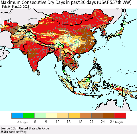 Asia Maximum Consecutive Dry Days in past 30 days (USAF 557th WW) 03/10/2023 Thematic Map For 3/6/2023 - 3/10/2023