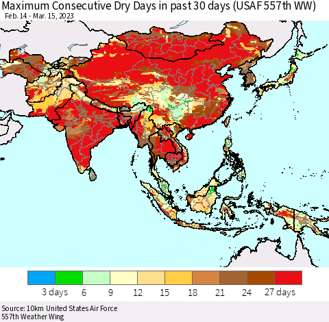 Asia Maximum Consecutive Dry Days in past 30 days (USAF 557th WW) 03/15/2023 Thematic Map For 3/11/2023 - 3/15/2023