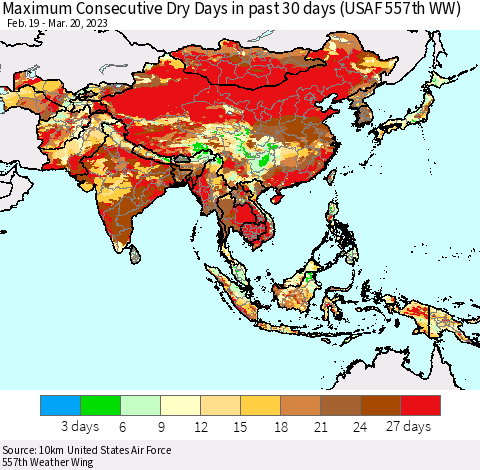Asia Maximum Consecutive Dry Days in past 30 days (USAF 557th WW) 03/20/2023 Thematic Map For 3/16/2023 - 3/20/2023