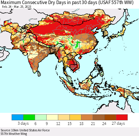 Asia Maximum Consecutive Dry Days in past 30 days (USAF 557th WW) 03/25/2023 Thematic Map For 3/21/2023 - 3/25/2023