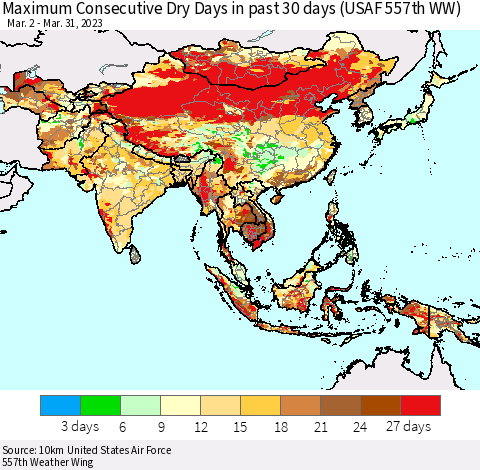 Asia Maximum Consecutive Dry Days in past 30 days (USAF 557th WW) 03/31/2023 Thematic Map For 3/26/2023 - 3/31/2023