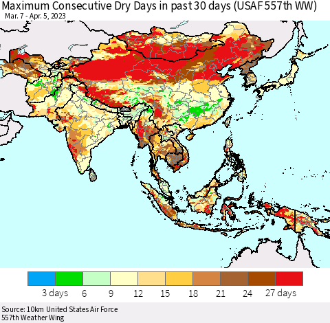Asia Maximum Consecutive Dry Days in past 30 days (USAF 557th WW) 04/05/2023 Thematic Map For 4/1/2023 - 4/5/2023