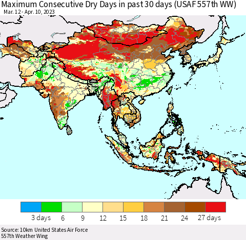 Asia Maximum Consecutive Dry Days in past 30 days (USAF 557th WW) 04/10/2023 Thematic Map For 4/6/2023 - 4/10/2023