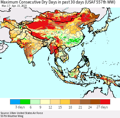 Asia Maximum Consecutive Dry Days in past 30 days (USAF 557th WW) 04/15/2023 Thematic Map For 4/11/2023 - 4/15/2023