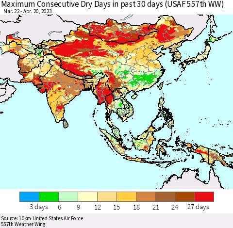 Asia Maximum Consecutive Dry Days in past 30 days (USAF 557th WW) 04/20/2023 Thematic Map For 4/16/2023 - 4/20/2023
