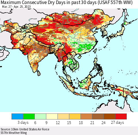Asia Maximum Consecutive Dry Days in past 30 days (USAF 557th WW) 04/25/2023 Thematic Map For 4/21/2023 - 4/25/2023