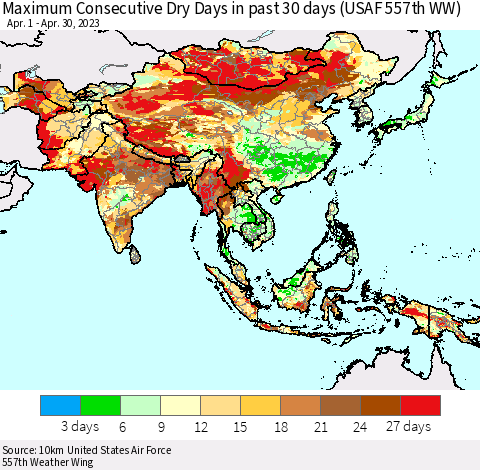 Asia Maximum Consecutive Dry Days in past 30 days (USAF 557th WW) 04/30/2023 Thematic Map For 4/26/2023 - 4/30/2023