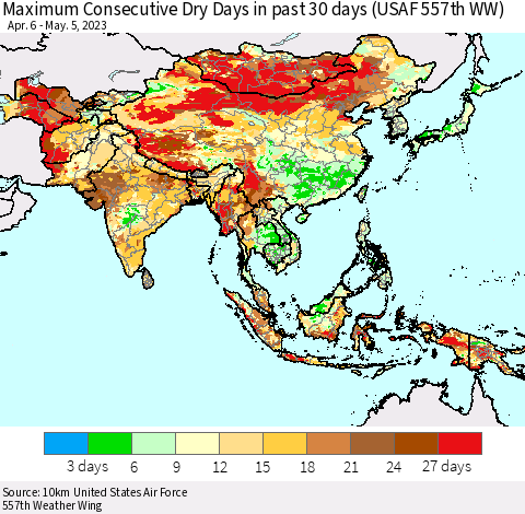 Asia Maximum Consecutive Dry Days in past 30 days (USAF 557th WW) 05/05/2023 Thematic Map For 5/1/2023 - 5/5/2023