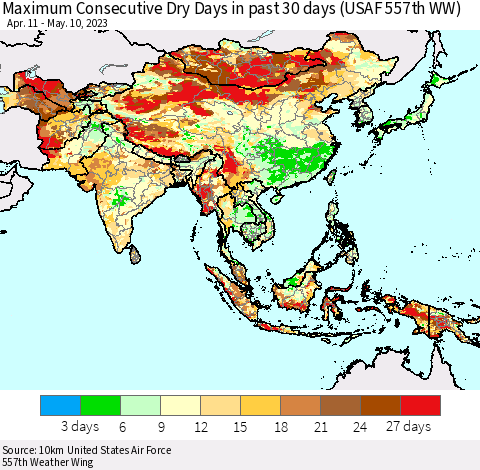 Asia Maximum Consecutive Dry Days in past 30 days (USAF 557th WW) 05/10/2023 Thematic Map For 5/6/2023 - 5/10/2023