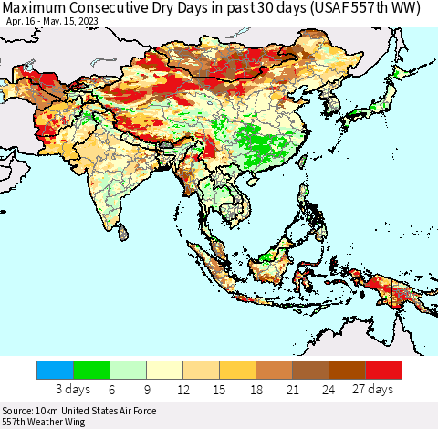 Asia Maximum Consecutive Dry Days in past 30 days (USAF 557th WW) 05/15/2023 Thematic Map For 5/11/2023 - 5/15/2023