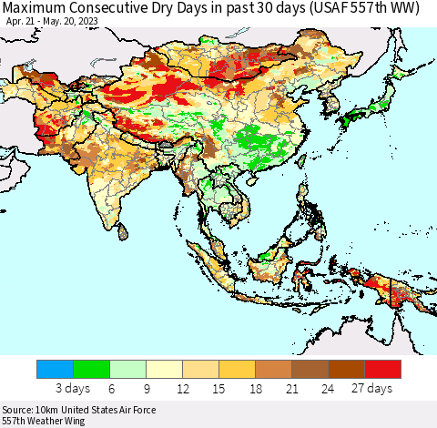 Asia Maximum Consecutive Dry Days in past 30 days (USAF 557th WW) 05/20/2023 Thematic Map For 5/16/2023 - 5/20/2023