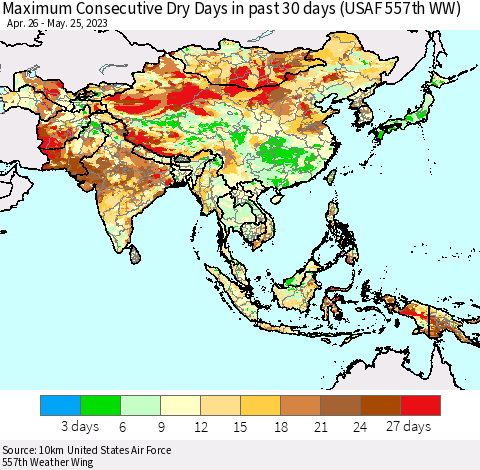 Asia Maximum Consecutive Dry Days in past 30 days (USAF 557th WW) 05/25/2023 Thematic Map For 5/21/2023 - 5/25/2023