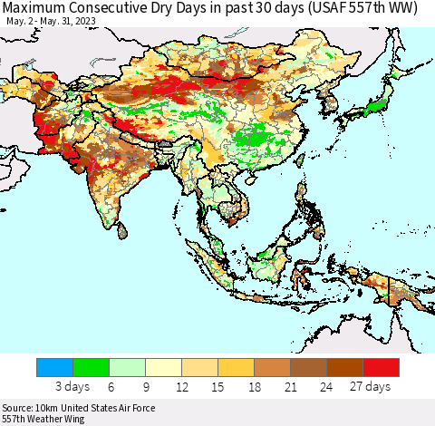 Asia Maximum Consecutive Dry Days in past 30 days (USAF 557th WW) 05/31/2023 Thematic Map For 5/26/2023 - 5/31/2023