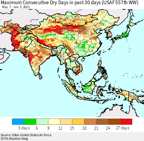 Asia Maximum Consecutive Dry Days in past 30 days (USAF 557th WW) 06/05/2023 Thematic Map For 6/1/2023 - 6/5/2023