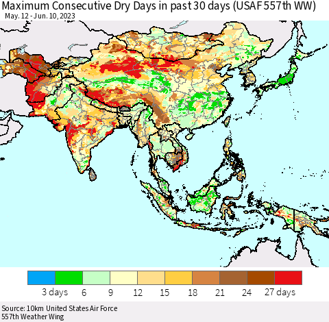Asia Maximum Consecutive Dry Days in past 30 days (USAF 557th WW) 06/10/2023 Thematic Map For 6/6/2023 - 6/10/2023
