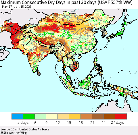 Asia Maximum Consecutive Dry Days in past 30 days (USAF 557th WW) 06/15/2023 Thematic Map For 6/11/2023 - 6/15/2023