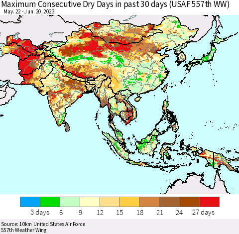 Asia Maximum Consecutive Dry Days in past 30 days (USAF 557th WW) 06/20/2023 Thematic Map For 6/16/2023 - 6/20/2023