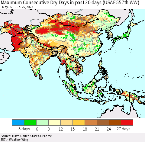 Asia Maximum Consecutive Dry Days in past 30 days (USAF 557th WW) 06/25/2023 Thematic Map For 6/21/2023 - 6/25/2023