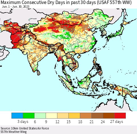 Asia Maximum Consecutive Dry Days in past 30 days (USAF 557th WW) 06/30/2023 Thematic Map For 6/26/2023 - 6/30/2023