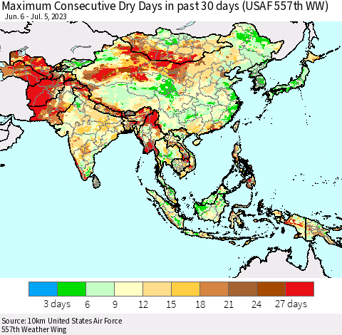 Asia Maximum Consecutive Dry Days in past 30 days (USAF 557th WW) 07/05/2023 Thematic Map For 7/1/2023 - 7/5/2023