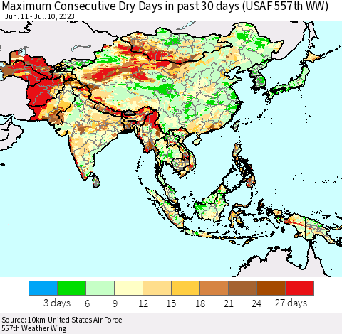 Asia Maximum Consecutive Dry Days in past 30 days (USAF 557th WW) 07/10/2023 Thematic Map For 7/6/2023 - 7/10/2023