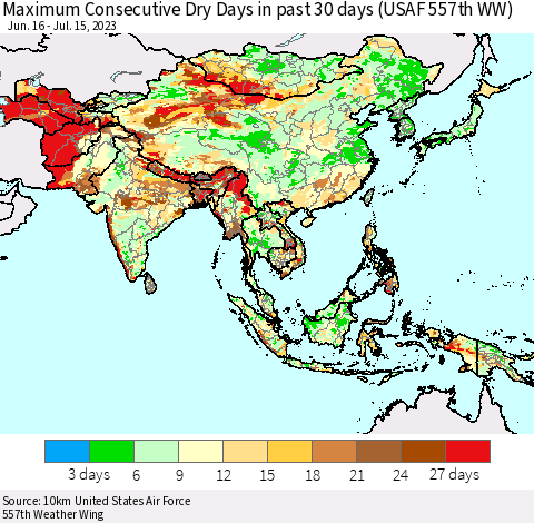 Asia Maximum Consecutive Dry Days in past 30 days (USAF 557th WW) 07/15/2023 Thematic Map For 7/11/2023 - 7/15/2023