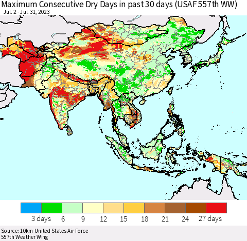 Asia Maximum Consecutive Dry Days in past 30 days (USAF 557th WW) 07/31/2023 Thematic Map For 7/26/2023 - 7/31/2023