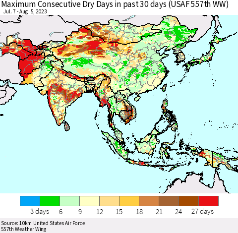 Asia Maximum Consecutive Dry Days in past 30 days (USAF 557th WW) 08/05/2023 Thematic Map For 8/1/2023 - 8/5/2023