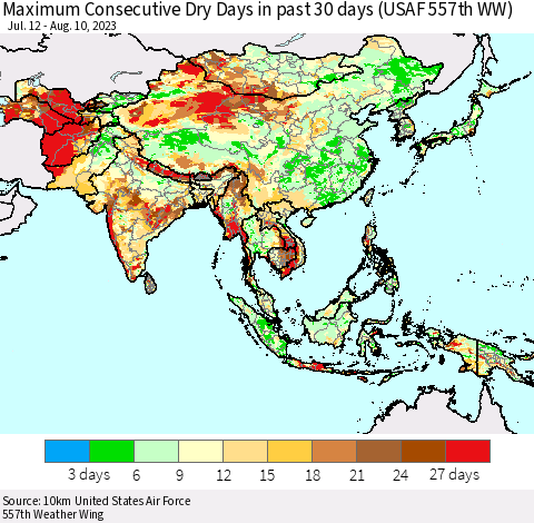 Asia Maximum Consecutive Dry Days in past 30 days (USAF 557th WW) 08/10/2023 Thematic Map For 8/6/2023 - 8/10/2023