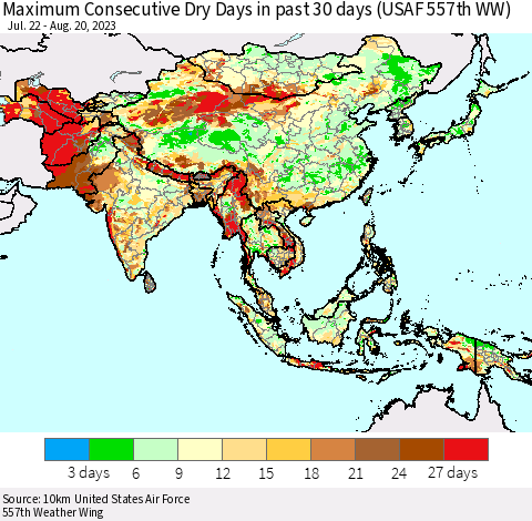 Asia Maximum Consecutive Dry Days in past 30 days (USAF 557th WW) 08/20/2023 Thematic Map For 8/16/2023 - 8/20/2023