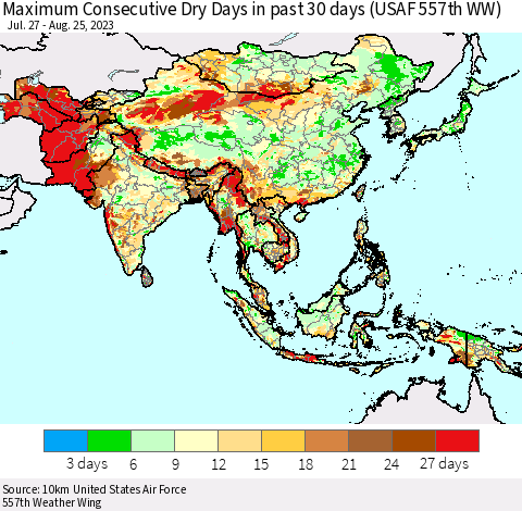 Asia Maximum Consecutive Dry Days in past 30 days (USAF 557th WW) 08/25/2023 Thematic Map For 8/21/2023 - 8/25/2023