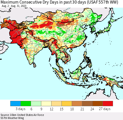 Asia Maximum Consecutive Dry Days in past 30 days (USAF 557th WW) 08/31/2023 Thematic Map For 8/26/2023 - 8/31/2023