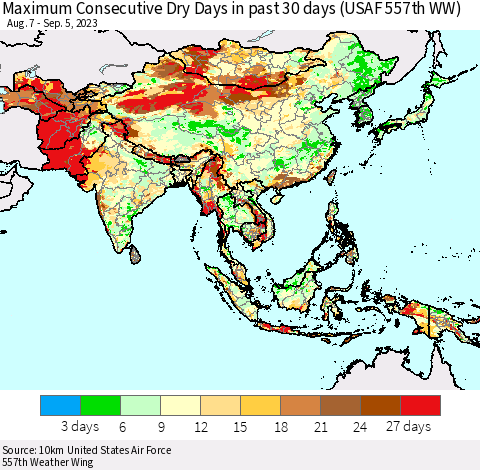 Asia Maximum Consecutive Dry Days in past 30 days (USAF 557th WW) 09/05/2023 Thematic Map For 9/1/2023 - 9/5/2023