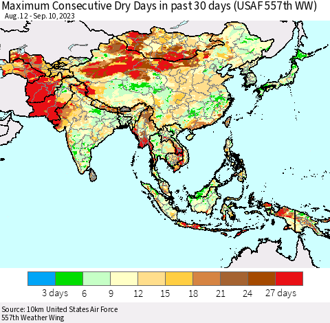 Asia Maximum Consecutive Dry Days in past 30 days (USAF 557th WW) 09/10/2023 Thematic Map For 9/6/2023 - 9/10/2023